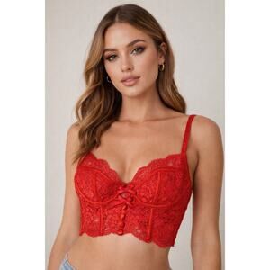 NWT For Love & Lemons Romantic Red Lace Bustier Bra 36B Feminine Bows Coquette